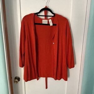 Burnt OrangeButton-Front 3/4 Sleeve Cardigan Sweater with Tie Belt, Size XL